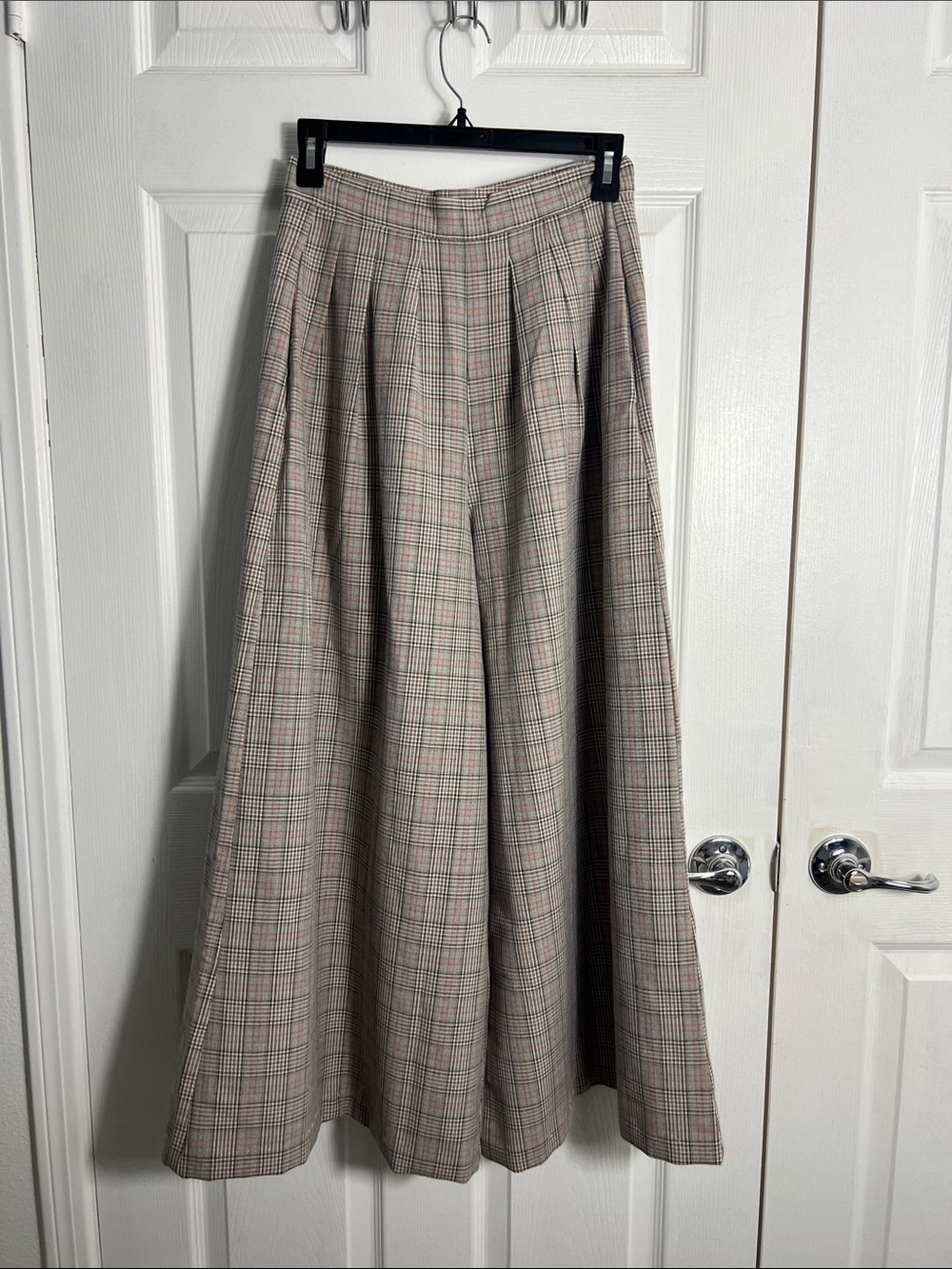 Corey Lynn Calter Neutral Plaid Wide-Leg Trousers